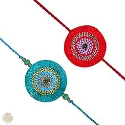 by Q-One Designer Rakhi Combo Set with Roli Chawal & Moli for Men (Orange-Gold | Pack of 2) | Embroidered Handcrafted Raksha Bandhan Bracelet for Brother-5
