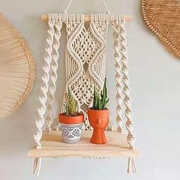 Fajr Traders Macrame Indoor Wall Hanging Shelf Chic Decor Wood Floating Boho Shelves with Wooden Dowel Hand Woven Bohemian Decor for Apartment Dorm Bedroom Living Room Nursery Beige 60 x 30cm WS203-image-83