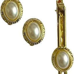 Gold-Tone Elegant and Versatile Oval Shaped With Faux Pearl Classic Cufflinks & Tie Pin Set for Men Formal Business And Other Occasion Accessories-14