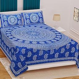 EasyGoods® Pure 100% Cotton Jaipuri Bedsheet King Size (90 x 100 Inches) for Double Bed with 2 Pillow Covers, Rajasthani Mandala Ethnic Print, Soft & Breathable, (Blue)-19