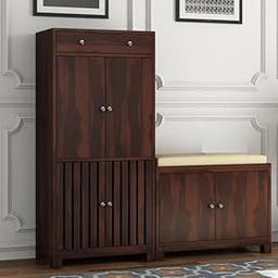 MAYOOR ART Solid Sheesham Wooden Shoe Cabinet for Home & Office | Shoe Rack with 1 Drawer & 3 Door Cabinet Storage | Wooden Large Size Shoe Cabinet with Cushion Seating for Home | (Walnut Finish)-image-56