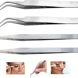 Set of 4 - Stainless Steel Multipurpose Tweezers Set for False Eye Lashes, Eyelash Extensions, Nail Art, Manicure-1