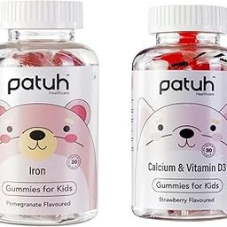 Patuh Healthcare Combo Calcium and Vitamin D3, Iron Gummies for kids (4 years+) | 30 Day Pack | 100% Vegetarian, Natural Strawberry flavour,Pomegranate flavour-image-49