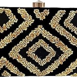 Women Embroidered Black Gold Clutch for Wedding Party-image-35