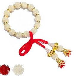 Royal White Pearl Crystal Kada Rakhi for Bhabhi with Roli Chawal and Greeting Card (K17)-image-17