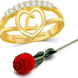 Heart Alphabet Letter Initial L Ring with Rose Box Gold Plated Ring KJRBG128-image-94