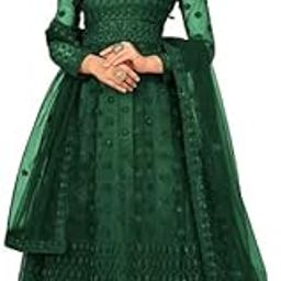 Women's Net Embroidered Anarkali Gown, Long Sleeve, Emerald Green, Traditional Indian Style-image-4