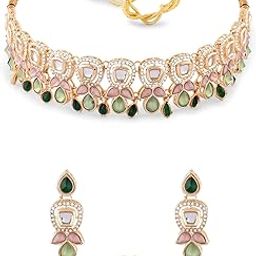 Green Pink Stones Austrian Diamonds Embellished Choker Necklace Earring & Ring Set For Women-ZPFK17672-16
