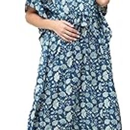 secret wish Floral Print Blue Cotton Maternity Kaftan Full Length/Maxi Nighty/Free Size/Feeding/Nursing/Zipper/Tie-Up Belt-picture-9