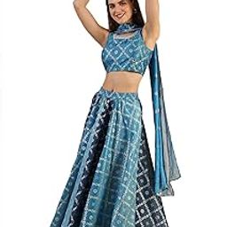 Blue Printed Zari Embroidered Crop Top, Brocade Flared Skirt and Dupatta Set-image-45