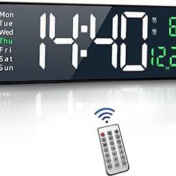 SHLNL Large LED Digital Wall Clock with Remote Control, Automatic Brightness Alarm Clock, Indoor Temperature, Date, Week (Green)-image-60