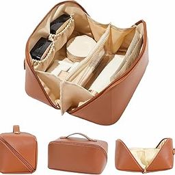 JD FRESH Wide Opening Leather Makeup Organizer Bag/Large Capacity Cosmetic Pouch with Partition & Carry Strap/Portable Toiletry & Vanity Bag for Women/Travel Makeup Bag(Brown)-image-66