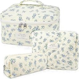 Lyrovo Makeup Organizer Cosmetic Bag Quilted Large Floral Make Up Organize Set for Women Flower Travel Toiletry Bag (Green-White)-image-38