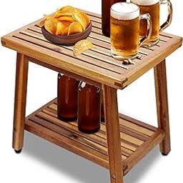 ENKEZI Acacia 16 Inches Outdoor Side Table, 2-Tier Sturdy Patio, End Table Weather Resistant, Strong Stability Side Table for Patio, Pool, Porch, Teak Finish-picture-21