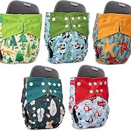LuvLap Reusable Baby Cloth Diapers Combo Pack of 5, White & Green, Blue Panda, Green Bunny, Blue Ships, Blue Stars, Double Leak Guard, High Absorption, Stain-Proof Comfort & Protection, 3m+-12