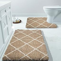 Xenluxe Premium Microfiber Bath Rug Set – –2-Piece Ultra-Soft, Plush, Highly Absorbent & Non-Slip – U-Shaped Contour Rug for Toilet. (2 - Beige Texture, Standard)-7