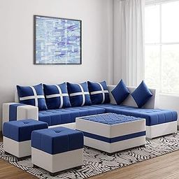 Torque Jamestown L Shape 8 Seater Sofa Set for Living Room with Centre Table Puffies Right Side-Blue | Fabric Sofa 8 Seater L Shape | 8 Seat Sofas for Home Office-65