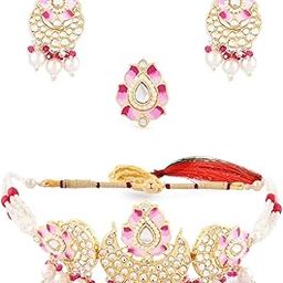 Pink Meenakari Lotus Design Crescent Kundan & Beads Choker Necklace Earring & Ring Set For Women-ZPFK14720-image-55