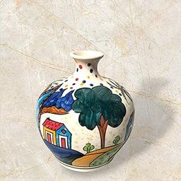 Bhumi Ceramics Handcrafted Ceramic Decorative Vase, Polka Dot Pattern, House and Tree Design, 20 cm-image-48