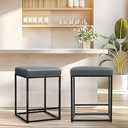 ALPHA HOME 24 Inch Counter Height Bar Stools Set of 2, Upholstered Bar Stools for Kitchen Island, Counter Stools with Faux Leather Cushion and Sturdy Metal Frame, Modern Barstools, Grey-image-77