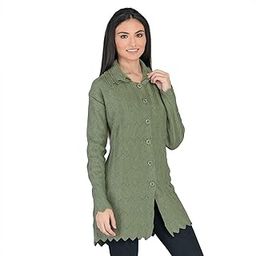 Women's Woolen V-Neck Cardigan with Double Collar - Heavy Daffodil Fabric Winter Wear - Pure Wool - Free Size - Long - Fully Warm (Olive Green, Large)-image-43