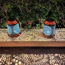 2 Pack Boho Solar Lanterns Hanging Bohemian Lantern Solar Lights Outdoor Waterproof Garden Light, Metal Lantern Solar Table Light LED Lantern for Garden-image-36