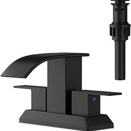RUMOSE Matte Black Waterfall Bathroom Faucets 4 Inch Centerset Bathroom Sink Faucet with Pop Up Drain Two Handles 2 or 3 Holes Vanity Faucet RV Lavatory Basin Mixer Tap Deck Mount Stainless Steel-9