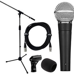 Shure SM58S Cardioid Dynamic Vocal Microphone with On/Off Switch Bundle with Microphone Boom Stand, XLR Cable, and Windscreen-0