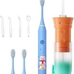 US1984 Sonic Electric Toothbrush for Kids & Smart Water Flosser with 200ml tank, Oral Flosser Rechargeable with 4 Nozzles, 3 Modes, Smart Electric Tooth brush with IPX7, 5 Modes, 3 Head (Blue-Combo)-picture-6
