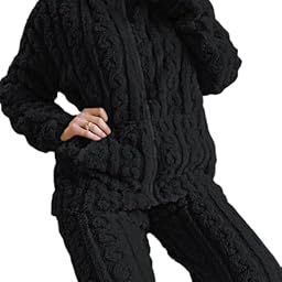 2PCS Winter Night Suit Collar Zip Up Fuzzy Top & Pants Set for Men and Women-image-34