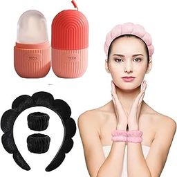 Spa Headbands for Washing Face or Facial, Set of 2 Skincare Headbands, Terry Cloth Headband Combo Pack - Puffy Makeup Headbands for Face Washing, Mask, Skin Treatment(Ice Cube Roller Massager for Face)-87