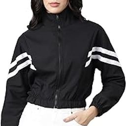 SHOWOFF Women's Mock Collar Solid Black Crop Bomber Jacket-62_Black-image-65