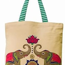 Traditional Elephant Print Canvas Tote Bag – Ethnic Art Style with Green Striped Handles-image-27
