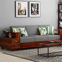 Woodkoof Solid Sheesham Wood Three Seater Sofa with Storage for Living Room/Office/Hotels/Café | Wooden Three Seater Sofa Set | Finish - Honey Finish | Cushion- Grey |-image-96
