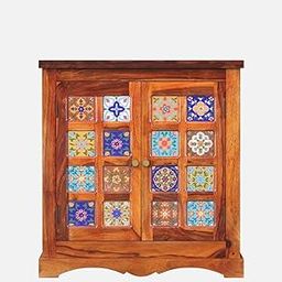 WOODSYCHARM Sheesham Wood Cabinet with Hand-Painted Ceramic Tile Doors | Solid Wood Storage Cupboard for Living Room, Bedroom & Hallway | Rustic Home Furniture with Brass Handles Indian Craftsmanship-image-44