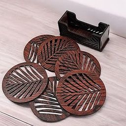 LACUM® Sunmica Coated Wooden Leaf Cut Tea Coaster Set – 6 Pcs (Size: 3.5 in x 3.5 in) | Durable Engineering Wood Coasters with Stand | Perfect for Tea, Coffee & Drinks (Brown_Leafe)-image-10