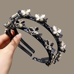 2 psc combo set of hairband white and black resin butterfly over double bangs clip hairband-13