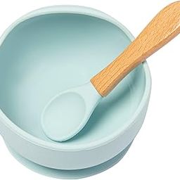 Baby Moo Silicone Unbreakable Bowl & Wood Handle Spoon for Baby Feeding, Suction Design for Toddler, Non-Slip, Non-Toxic, BPA Free, Dishwasher and Microwave Safe - Mint Green- 1 Set-image-2