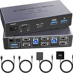 8K@60Hz HDMI KVM Switch 2 Monitors 2 Computers with 4 USB 3.0 Ports for 2 Computers Sharing 2 Monitors Keyboard Mouse Printer with 2 USB Cables, Power Adapter and Controller-picture-35