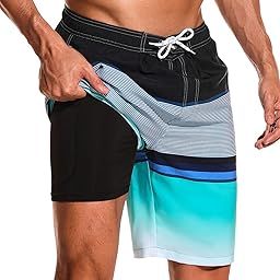 Mens Swim Trunks with Compression Liner 9" Beach Board Shorts Men 2 in 1 Quick Dry Bathing Suit with Pockets, Black+blue, XL-image-67