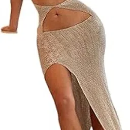 quecy Bodycon Maxi Skirt Sets for Women's Bandage Crop Top 2 Pieces Halter Cutout Long Dress Club Party Y2K Streetwear |C Khaki |L-picture-48