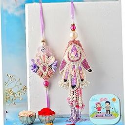 CraftVatika Premium Rakhi Set for Bhaiya Bhabhi Brother | Designer Hamsa Hand Raksha bandhan Couple Pair Booty Rakhi for Bhai with Fridge Magent, Rakhis Greeting Card, Tilak Set, Set of 2, home decor-32