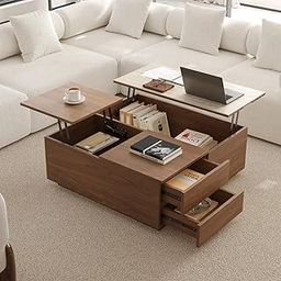NG Decor 39" Square Lift-Top Solid Wood Travertine Veneer Coffee Table-image-14