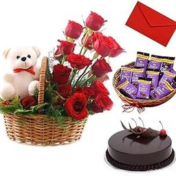 Froscentra Valentine Special | 15 Red Roses Fresh Flowers Bouquet | 01 Teddy Bear | A Basket of 10 Chocolates | 500g Chocolate Truffle Cake | 01 Greeting Card | Anniversary Gift | Next Day Delivery-image-33