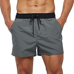 Men's Quick Dry Swim Trunks Solid Swimsuit Sports Shorts with Back Zipper Pockets, Grey, M-image-3