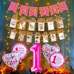 Party Propz 1st Birthday Decorations for Girls - 8 Pcs Pink First Birthday Decorations | Birthday Girl Decoration | Baby Girl 12 Month Banner (Cardstock) | Girl First Birthday Decoration Items-image-1