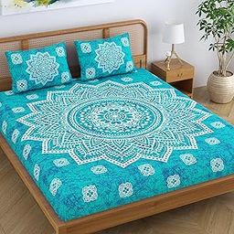 SheetKart Cotton Blend Traditional Mandala Jaipuri Printed Bedsheet for Double Bed King Size with 2 Pillow Covers - Sea Green,104 TC-image-84