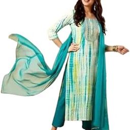 Women's Cotton Anarkali Kurti, Blue with Printed Border, 3/4 Sleeves-image-62