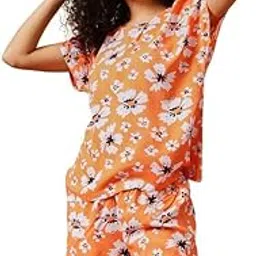 clovia Women's Floral Printed Rayon Night Suit | Top and Shorts Sleepwear Set with Pocket | Nightwear Co-ord Set-picture-12
