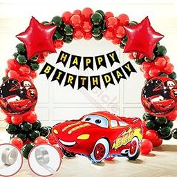 Propsicle Racing Car Theme Birthday Party Decoration Kit For Boys, 104 Pieces, Black and Red Balloons with Black Fishtail Paper Banner-image-20